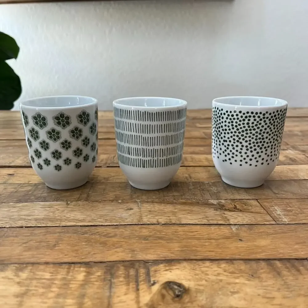 IKEA Entusiasm Set of 3 Tumblers 7 Oz Cups Unique Green & White Patterns